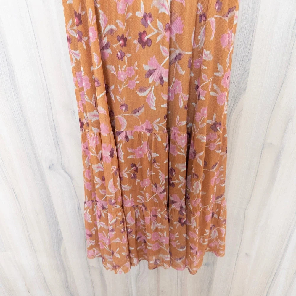 Le Serein Floral Midi Dress S Orange Floral Flutter Sleeve Tiered Romantic Boho